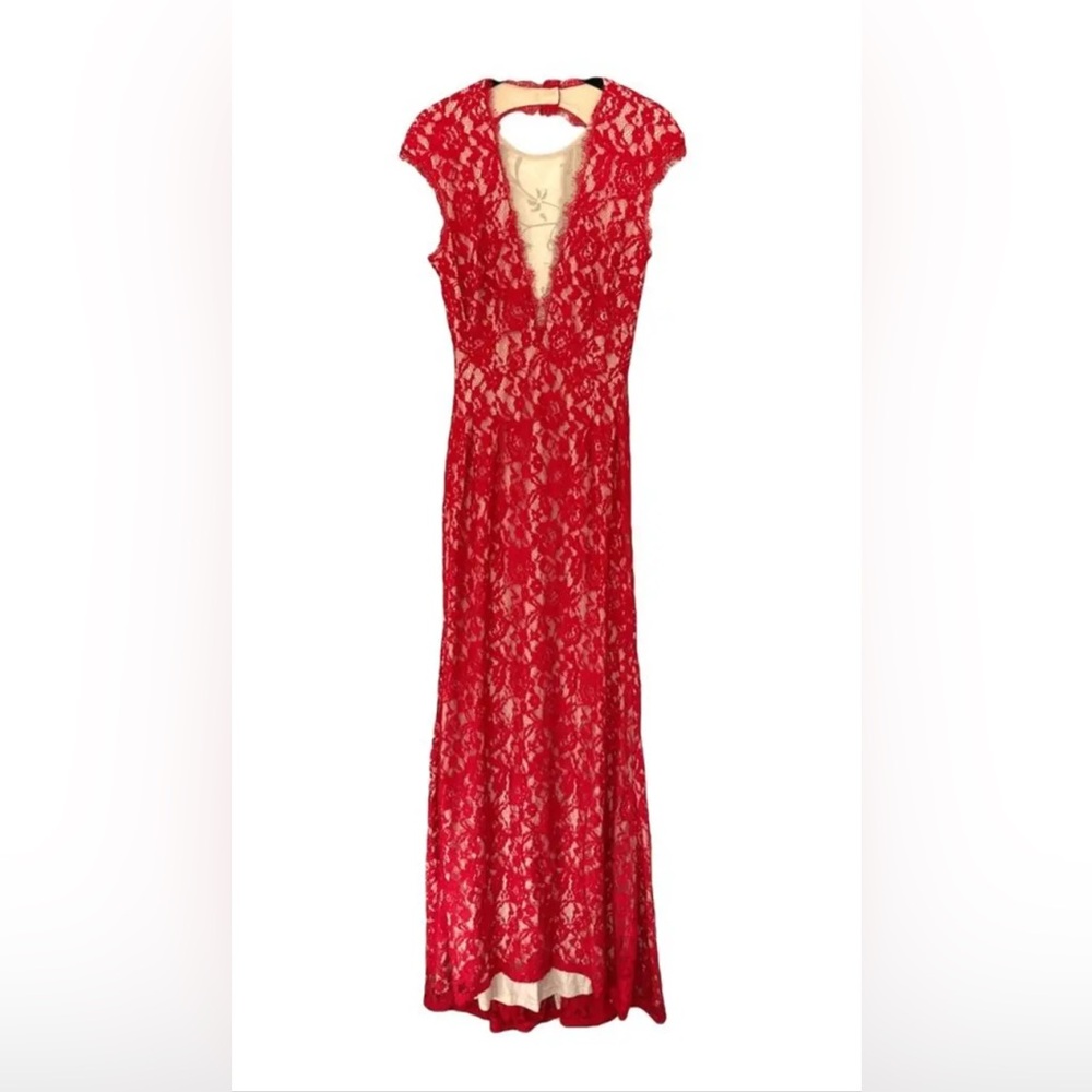 Aidan Mattox red lace plunging v-neck, open back gown